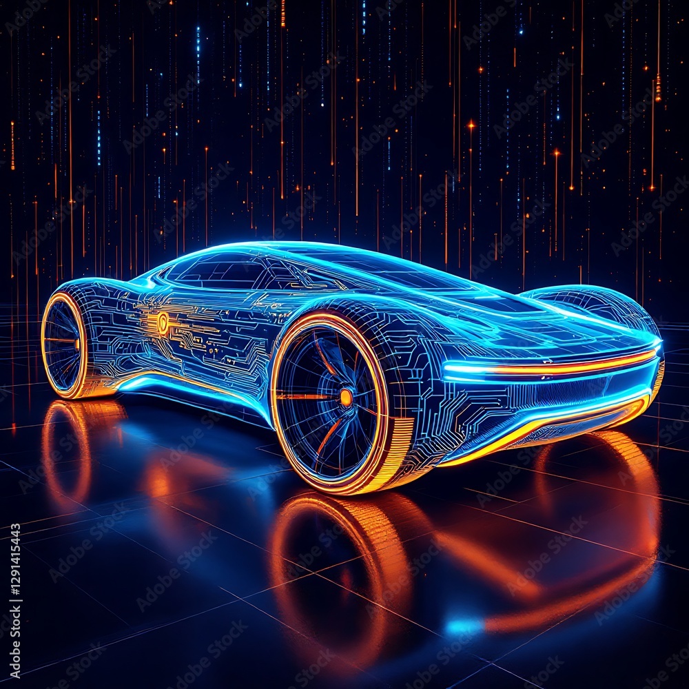 Poster sleek futuristic vehicle with intricate circuitry design overlaying streamlined automotive form