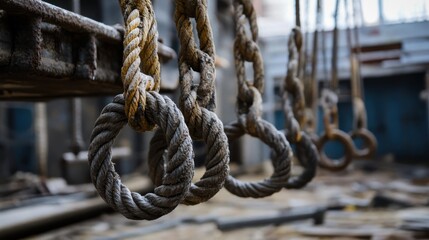 The hanging ropes and wooden rings of an abandoned gym
