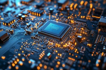 Close up macro photography of a circuit board with blue electronic chip in a cyberpunk style