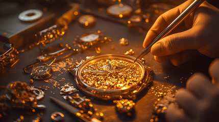 Precision in Time: A skilled artisan delicately assembles the intricate components of a luxurious gold timepiece, crafting a legacy of precision and elegance
