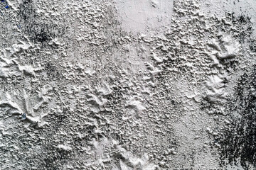 The blistered surface of cement wall. Swollen color wall from the moisture. Cracked wall, Paint white peeling off and old outside wall. Blistering occurs due to humidity, Wet wall surfaces and mold.
