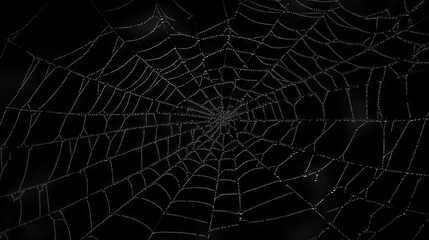 Intricate spiderweb with dew droplets on dark background for nature and design themes