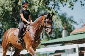 A young woman enjoys riding a horse during an outdoor equestrian training session on a sunny day.