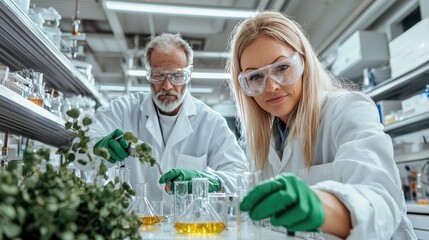 Scientists analyze plant samples in lab
