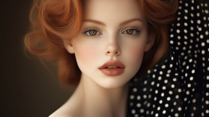 A captivating portrait of a red-haired woman with striking features and soft makeup, exuding confidence and beauty, showcasing the artistry of modern photography.