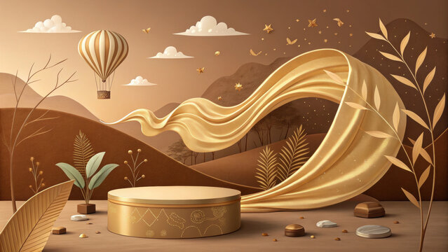surreal landscape features golden podium with flowing fabric, hot air balloon, and abstract plants, set against backdrop of rolling hills and clouds