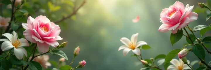Soft pink roses and white lilies suspended in the air amidst branches, greenery, floral installation, nature