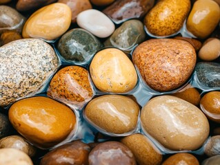 Obraz premium A close-up view of various smooth pebbles submerged in clear water, showcasing an array of natural colors and textures.