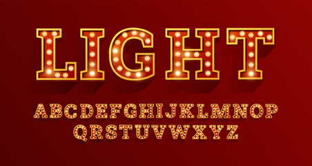 Broadway style retro light bulb font, vintage alphabet lamp letters LIGHT word, language uppercase typing vector symbols © sabelskaya