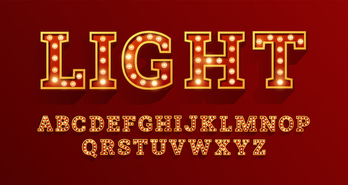 Broadway style retro light bulb font, vintage alphabet lamp letters LIGHT word, language uppercase typing vector symbols