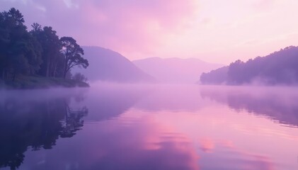 Fototapeta premium Soft purple mist rises from a serene lake surface, morning, mist