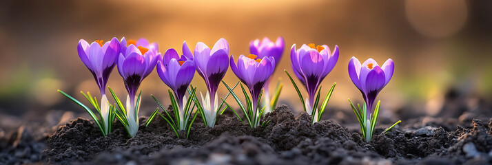 Crocus flowers burst from dark soil in a springtime dawn