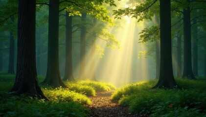 Fototapeta premium Soft sunbeams peek through trees casting a peaceful atmosphere on the forest floor, gentle, forest, shade