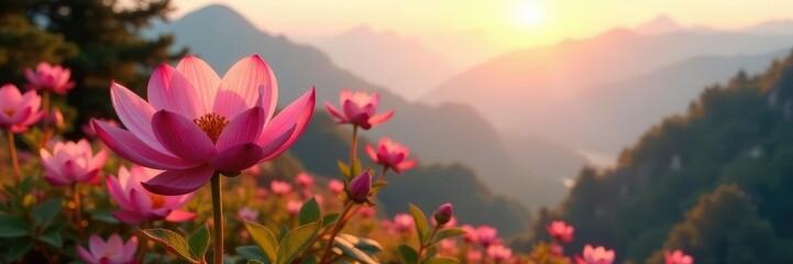Soft pink petals unfolding in warm mountain light, trees, mountains