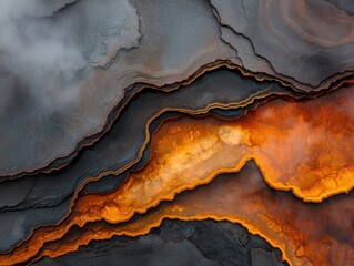 Obraz premium A stunning abstract image featuring swirling layers of dark and fiery orange hues, reminiscent of geological formations or molten lava.