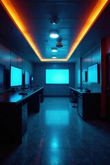 Warm blue illumination from fluorescent tubes in a classic TV newsroom, warm, blue