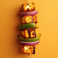 Paneer tikka skewers with onion and capsicum on orange background