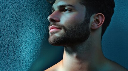 A young man poses with a thoughtful expression, illuminated by creative lighting that enhances the depth of his features and evokes a sense of introspection.