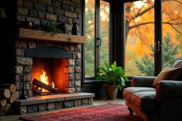 Fototapeta premium Warm fireplace crackling softly in front of large windows, ambiance, nature