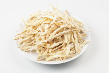 
      Dried pollack cut into small pieces. Or shredded dried pollack.
