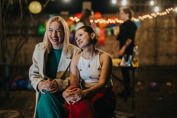 Two women share a joyful moment together at an outdoor birthday gathering with decorations, lights, and friends in the background creating a warm and cheerful setting.