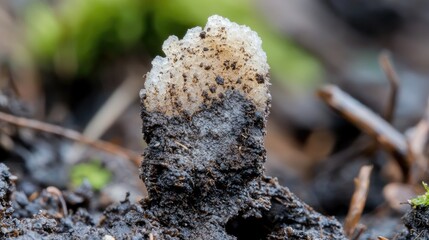 Fototapeta premium Small white gelatinous fungus grows from damp dark soil on a forest floor during daytime.