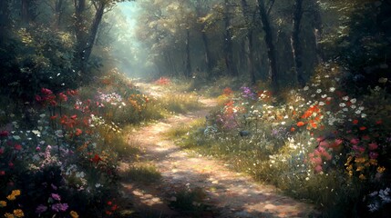 Fototapeta premium Sunlit Forest Path with Colorful Flowers