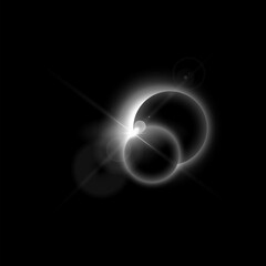 Solar or moon eclipse white blur light, vector realistic partial planet eclipse in dark universe, spark and halo effects