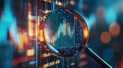 Exploring financial analysis  a magnifying glass over a business chart in a digital environment