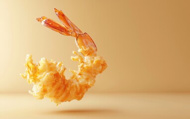 Naklejka premium Shrimp tempura on a light golden brown 3D background minimalistic mockup with space for text