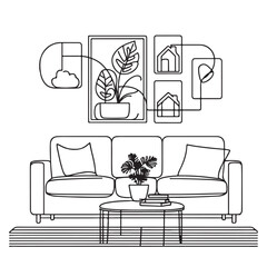 Continuous line interior with sofa, plan and floor lamp. One line drawing of Living room with modern furniture editable stroke. Single line. Handdraw contour. Monstera Flower in pot. Doodle vector  10