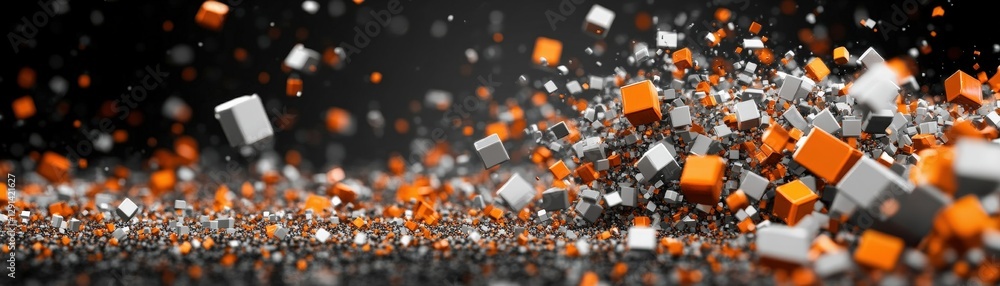 Poster abstract 3d image of multiple orange cubes arranged in a dynamic pattern