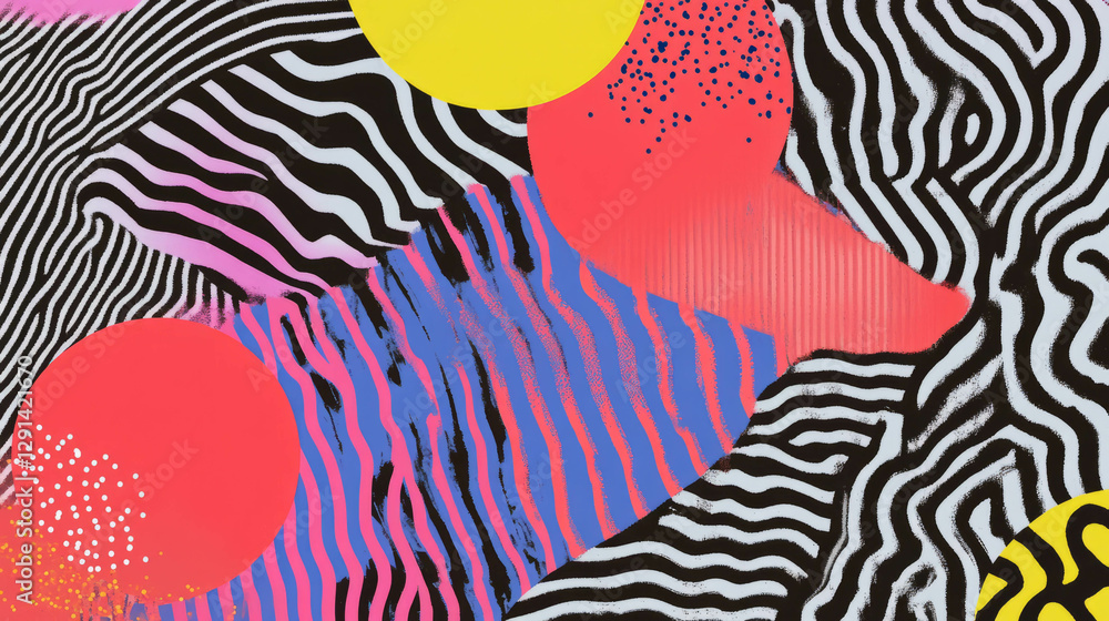 Poster vibrant abstract background with striped patterns and squiggles for creative design