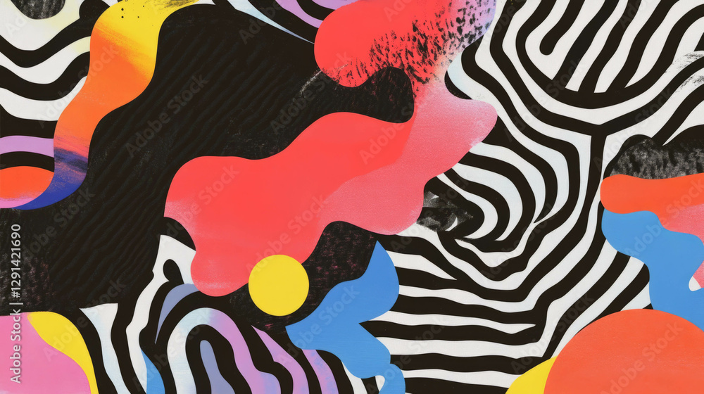 Poster Vibrant abstract background with striped patterns and colorful squiggles for modern design