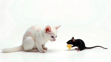 white cat with a looking at a black mouse holding a piece of cheese white background