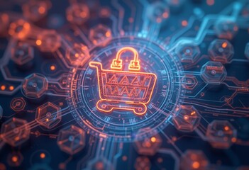  Neon Orange Shopping Cart Icon on a Digital Network Interface