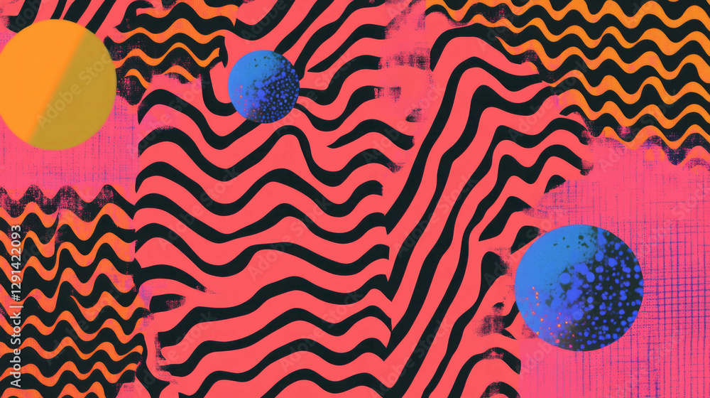 Aufkleber Vibrant zigzag and striped patterns with abstract spheres for modern design