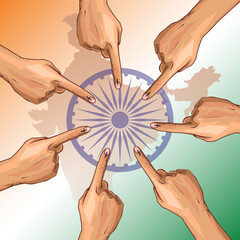illustration Of Indian voters people hands finger with black ink mark. Election of India vector banner design
