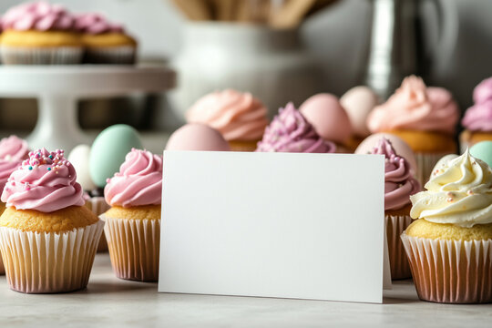 Blank greeting card mockup surrounded by colorful cupcakes and decorations