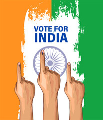 illustration Of Indian voters people hand finger with black ink mark. Vote for India vector banner design
