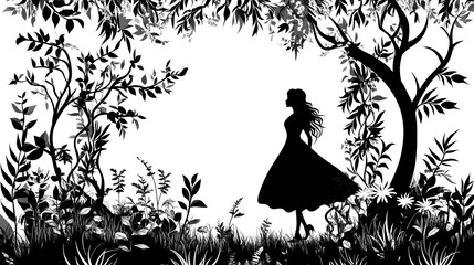 A alice in wonderland vector stencil design, black on white laser engraving