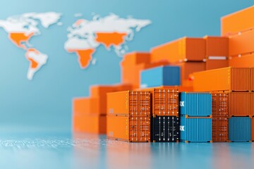 Fototapeta premium A colorful arrangement of shipping containers in various sizes, set against a map of the world, highlighting global trade and logistics.