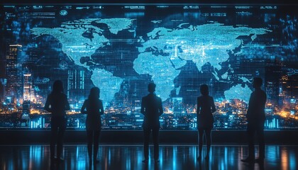 Team of people in front of a large holographic global map, futuristic digital interface, advanced technology, business innovation, sleek design, digital transformation