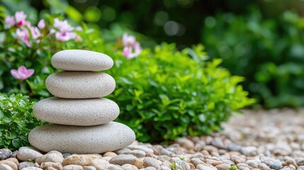 Balanced stones garden serenity, flowers background, zen concept