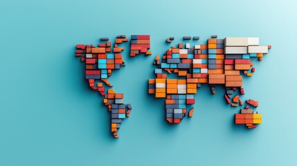 A colorful 3D map of the world made from shipping containers, showcasing global trade and logistics.