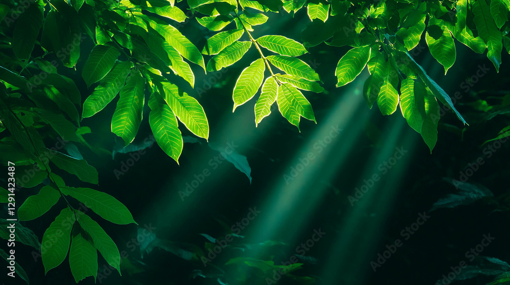 Poster sunlight filtering through lush greenery in a dense forest scene for nature art design