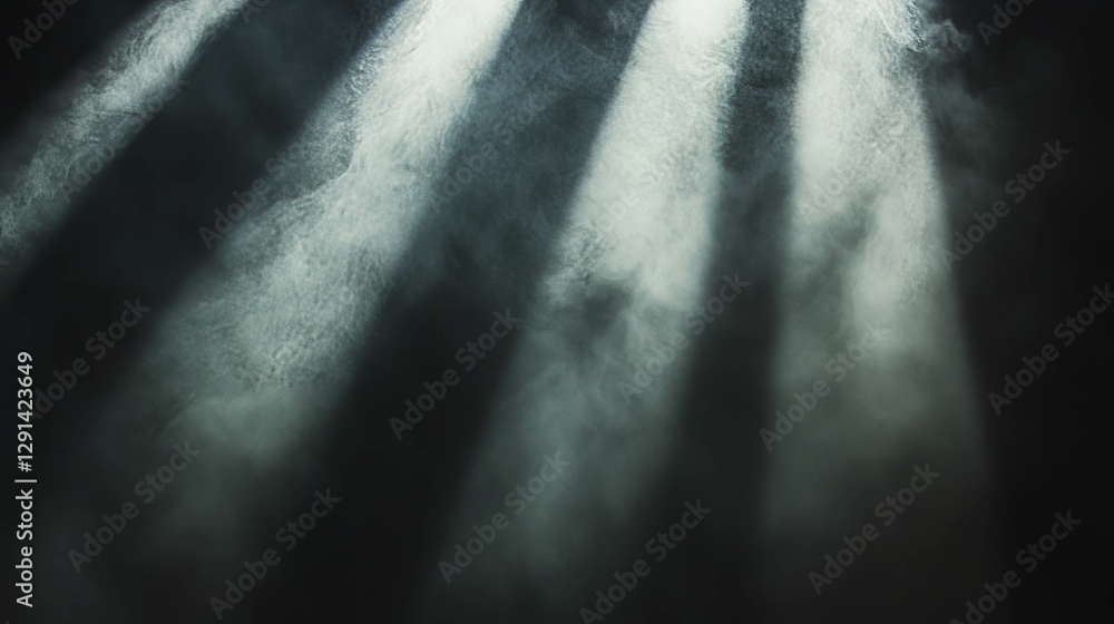 Poster ethereal sunlight rays penetrating fog creating a mystical atmosphere