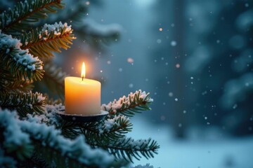 Soft snowflakes fall on the fir tree branch with a burning candle,, snowy branches, evergreen
