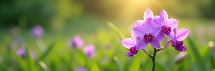 Obraz premium A delicate purple orchid blooms in a lush meadow, purple, nature, white