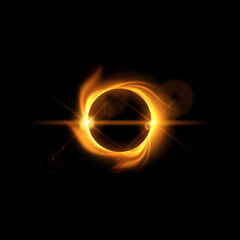 Solar eclipse with burning effect, vector orange glowing full planet eclipse with fire flame vortex in dark universe © sabelskaya
